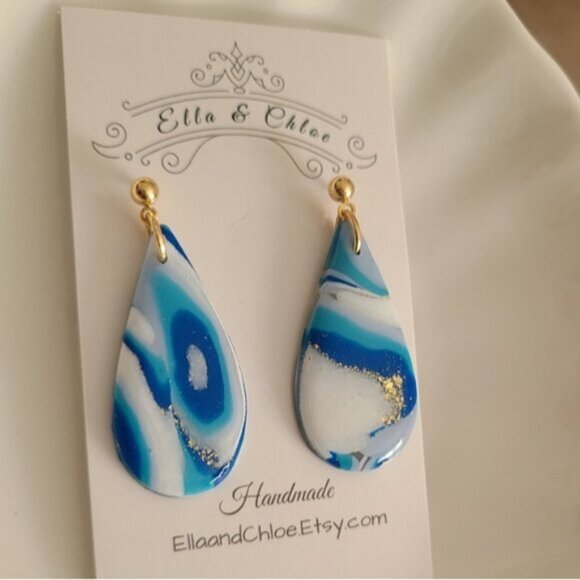 HandCrafted Gold Blue White Agate Gemstone Resin Large Tear Drop Dangle Earrings - Picture 6 of 8